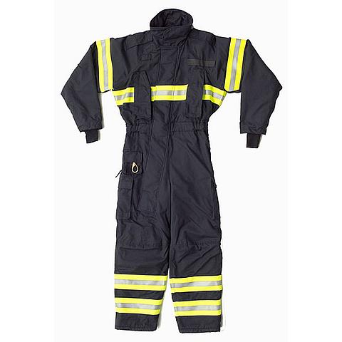 SG03761 Aramid Fireman's Coverall The Aramid Fireman's coverall is a navy dark blue or orange suit with reflective striping. The suit is manufactured from fire resistant natural fibre, It has a water repellent finish, which can withstand 50 washes without degradation.